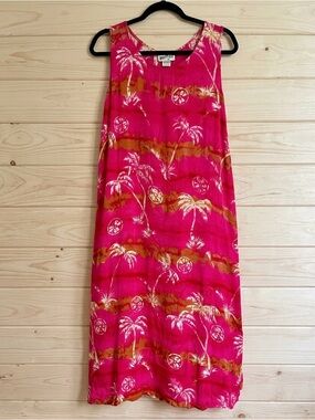 Vtg Desert Jems Hawaiian Boho Maxi Dress Rayon L Tropical 90s Pink Palm Print
